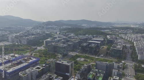 Aerial Drone View of Pangyo Techno Valley IT Industrial Complex and Cityscape in Seongnam, South Korea
