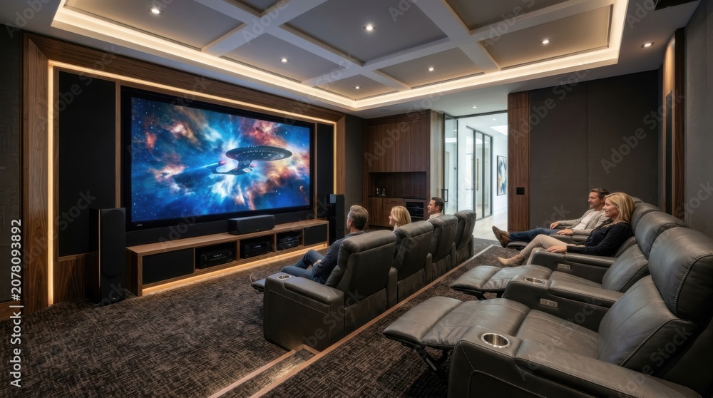 Fototapeta premium Luxury home theater room with a screen for modern interior architecture and home decor space, high quality commercial visual with