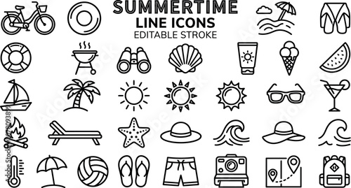 Black summer icons set in silhouette style with editable stroke on white background for design projects