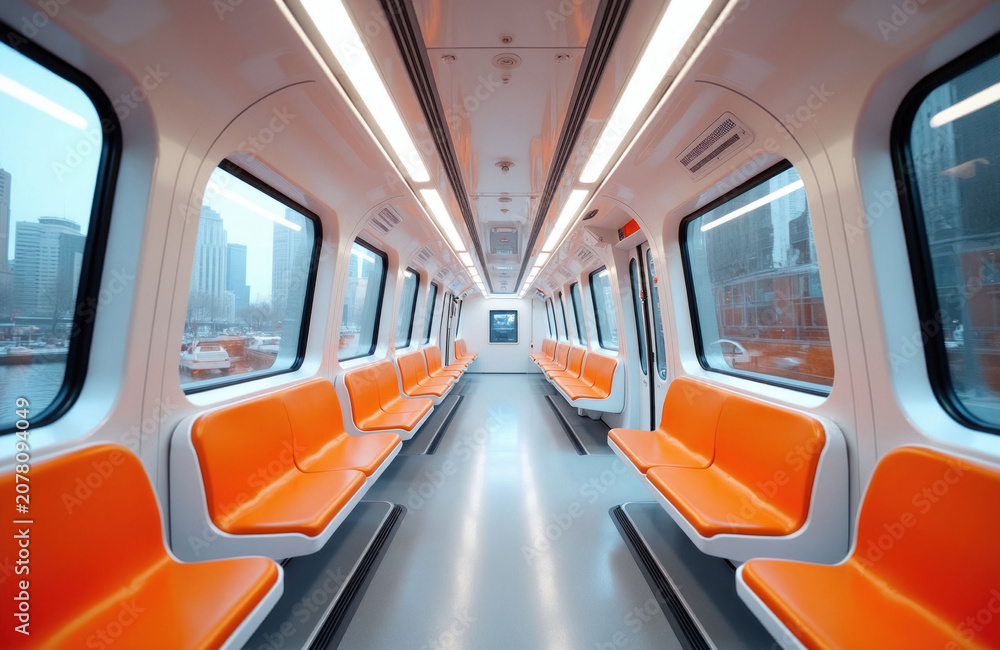 Fototapeta premium Modern train interior with orange seats, large windows showing city skyline. Clean, empty carriage offers comfortable public transit travel experience. Futuristic design highlights innovation in