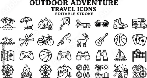 Silhouette outdoor adventure travel icons set in editable stroke style on white background for design