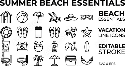 Black silhouette summer beach essentials line icons set in modern style on white background for design