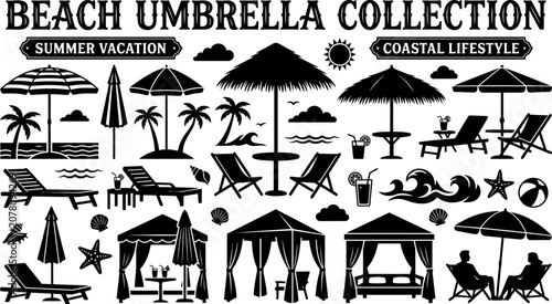 Beach Umbrella Collection of Summer Vacation and Coastal Lifestyle Silhouettes on White Background