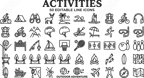 Silhouette outdoor adventure activities icons set with editable line illustrations on white background for design