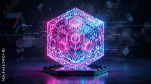 Clear neon crystal hexagon cube with pink and blue lighting, dark studio background, futuristic abstract geometry, digital