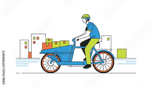 Delivery courier wearing a safety helmet rides a cargo bicycle through the city while transporting parcels and packages for shipping.