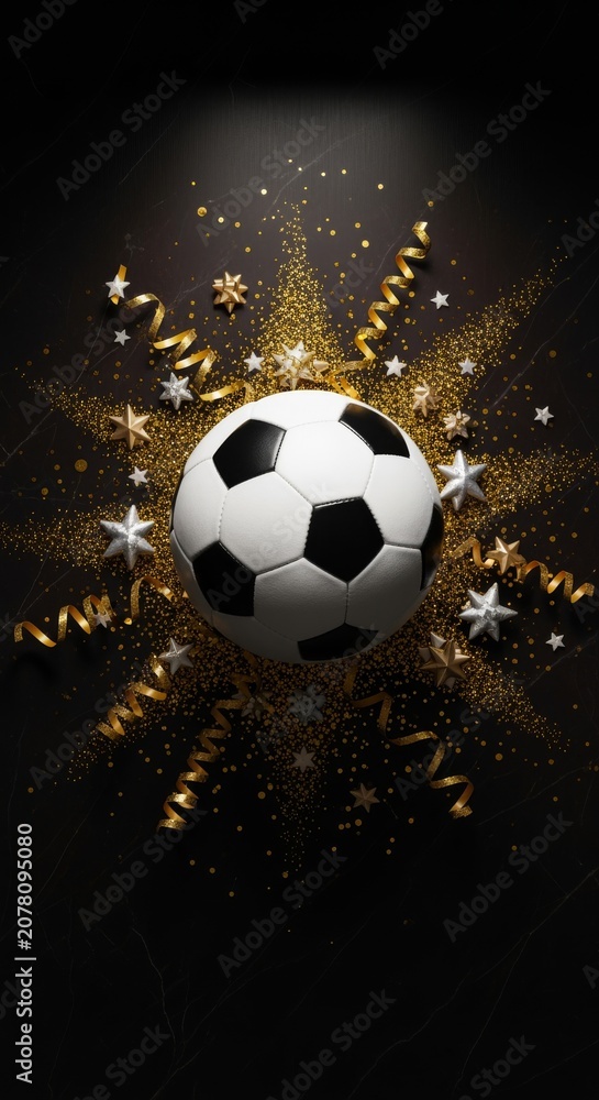 Naklejka premium Soccer ball surrounded by golden glitter and festive stars