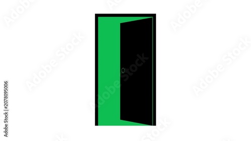 Black single door open close inward flat icon animation with shape morphing into door and revealing copy space on white background and green screen. 4K animated for transition and motion graphics.