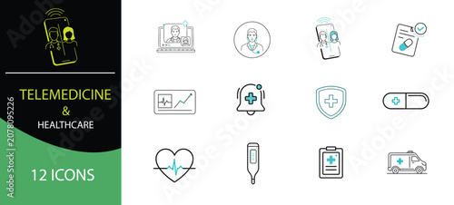 Telemedicine and Healthcare Services Outline Icon Set – Online Doctor, Video Consultation, Medical Records and Health Monitoring Vector Collection
