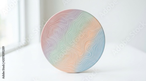 Pastel topographic round disc with circle lines white background. Abstract minimal soft geometric orb delicate design modern