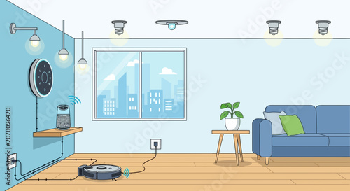 Modern smart home office with video conferencing setup.