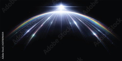 Abstract Rainbow Fiber Optic Light Arc with Prism Lens Flare, Futuristic Spectrum Rays and Digital Technology Background