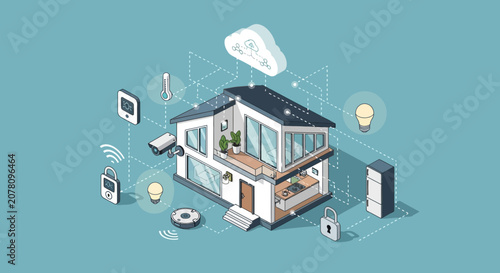 Modern smart home with connected devices and automation.