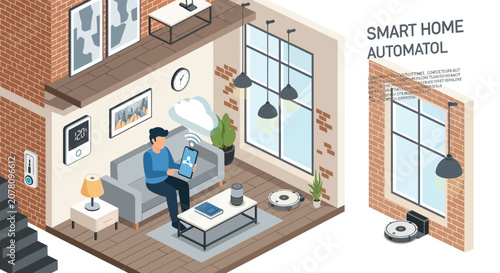 Smart home automation control panel with robotic vacuum cleaner.