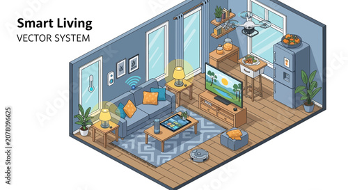 Smart home automation system with digital controls and smart devices.