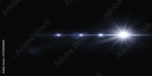 White Lens Flare Light Effect on Black Background with Cinematic Optical Glow, Horizontal Light Streak and Starburst Overlay