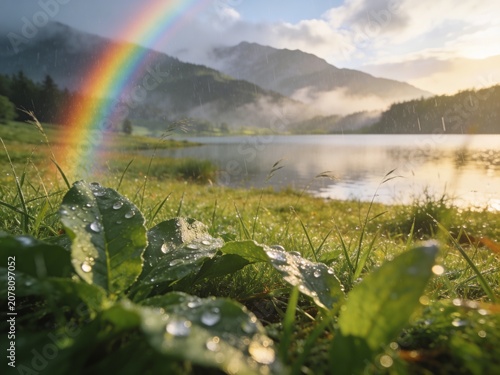 Rainbow over a peaceful green landscape after rainfall, symbolizing recovery, resilience, hope and emotional well-being.