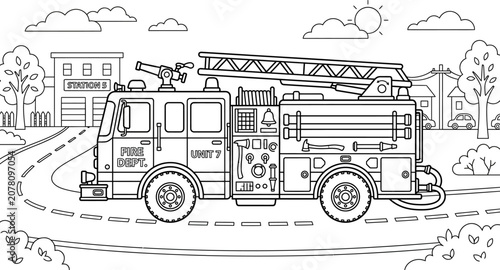 Firetruck illustration with fire station scene black and white line art for coloring pages