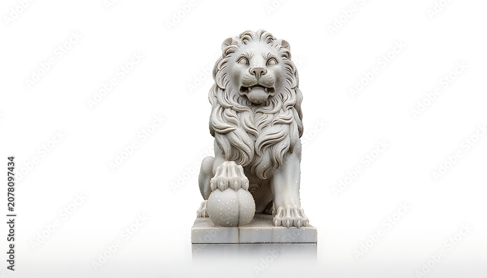 Fototapeta premium Close-up of a detailed stone lion statue on pedestal.