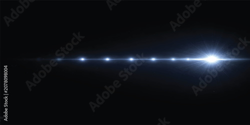White Lens Flare Light Effect on Black Background with Cinematic Optical Glow, Horizontal Light Streak and Starburst Overlay