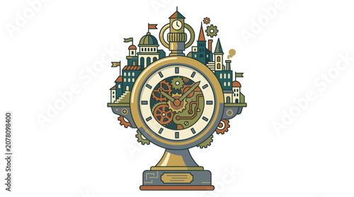 Fényképezés Vintage clock with city skyline.