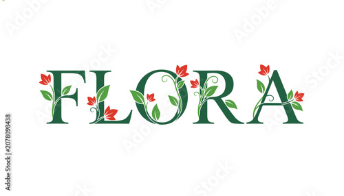 Elegant floral typography spelling flora, adorned with green leaves and red blossoms to represent nature, gardening, and eco-friendly themes.