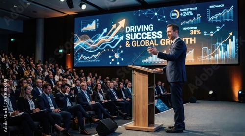 Speaker at podium success growth presentation, professional corporate visualization with digital technology background, intense