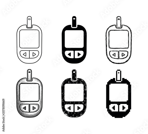 Collection of diverse glucose meter icons in various artistic styles