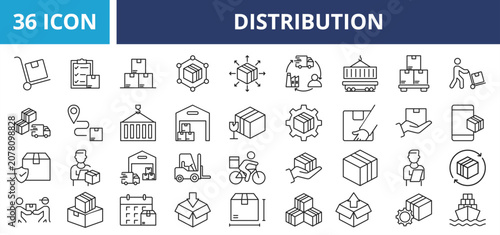 Distribution web banner icon set outline vector illustrations concept with icon delivery, shipping, business, cargo, freight, warehouse, industry