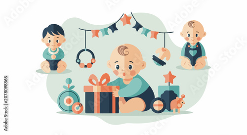 Adorable baby opening a gift box with excitement.