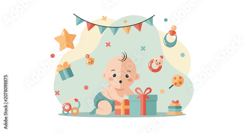 Adorable baby boy celebrating with gifts and decorations.
