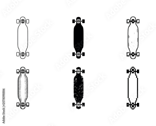 Stylized illustrations of longboards in various styles and colors