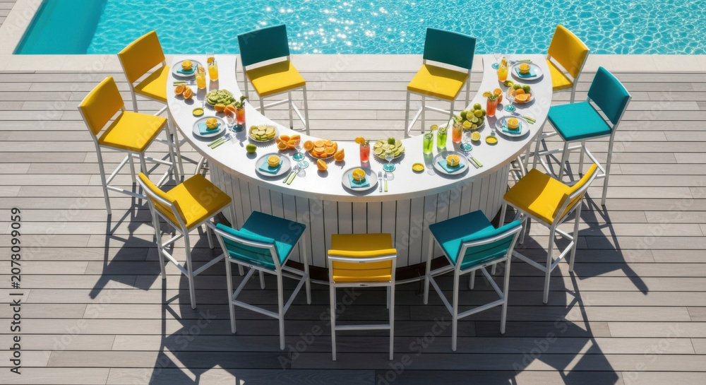 Obraz premium Vibrant Outdoor Bar Setup Near Pool With Refreshing Drinks And Snacks