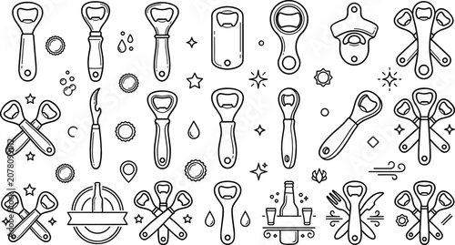 Fotografie Bottle Opener and Cap Lifter Tool Icon Set with Beer Bottles, Openers, and Emble