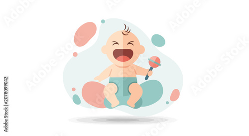 Crying Baby Holding Rattle Toy Illustration.