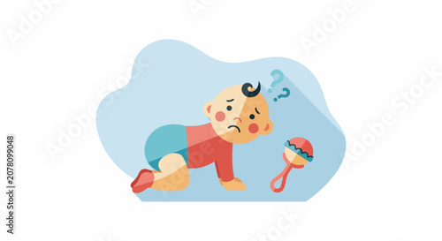 Confused baby crawling with a rattle toy.