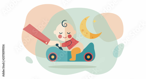 Baby driving a toy car at night dreaming of adventure.