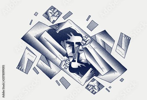Foto Inner conflict concept, person fighting with own self, emotional struggle, dual personality, tension between two sides of identity, psychological confrontation