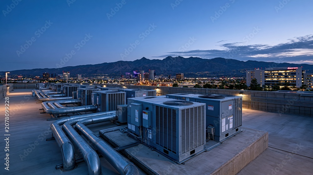 Obraz premium Commercial rooftop HVAC units and metal pipes overlooking illuminated city skyline at dusk