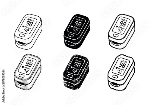Set of six pulse oximeter icons in different artistic styles and perspectives