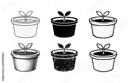 Stylish illustrations of potted plants in various artistic styles