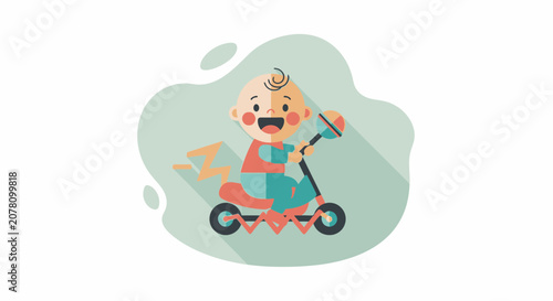 Happy baby riding a scooter with a toy.