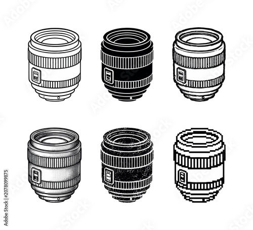 Stylized camera lens illustrations in various artistic formats