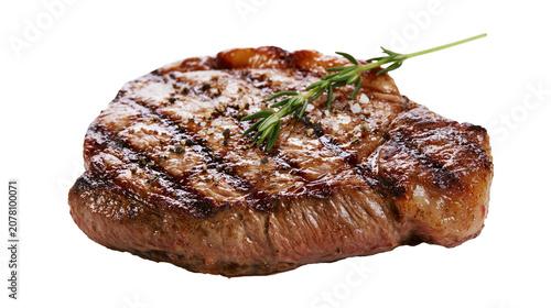 Obraz na płótnie Juicy grilled beef steak with rosemary sprig and coarse salt, isolated on transp
