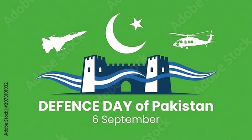 Pakistan defence day 6 september illustration with fort planes and flag symbols