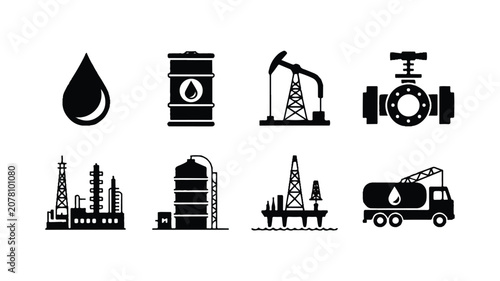 Black and white automotive industrial oil equipment graphics with a set of oil drop icons