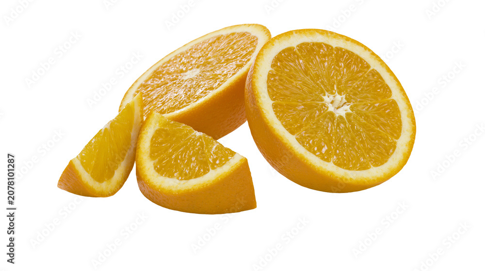 Fototapeta premium Fresh orange slices and wedges, juicy citrus fruit isolated on transparent background