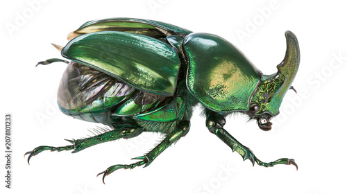Metallic green rhinoceros beetle with large horn, isolated on transparent background