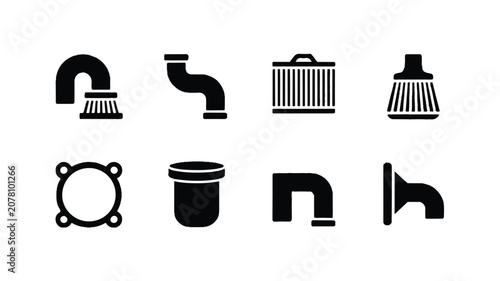 A set of black and white icons representing various tools and parts neatly arranged.