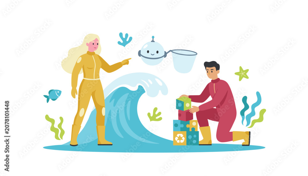 Fototapeta premium Environmental protection team cleaning ocean and solving plastic pollution puzzles with help of advanced robotics technology illustration.
